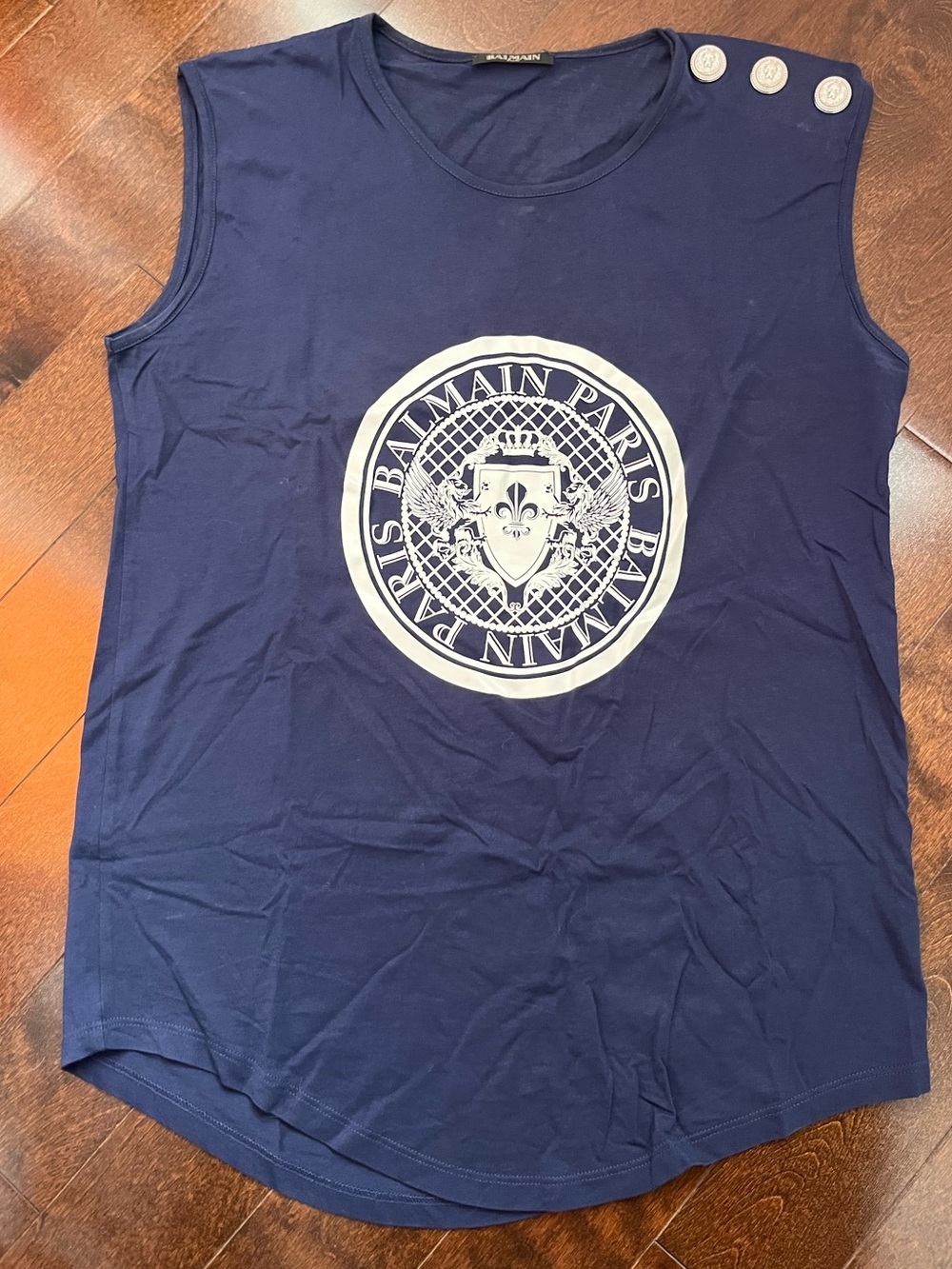 Balmain Navy Logo Sleeveless Tank with Shoulder Buttons